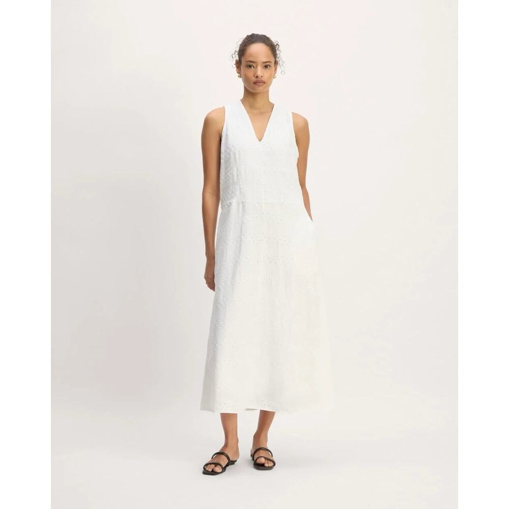 Everlane Linen V-Neck Midi Dress White Eyelet Cottage Preppy Womens Medium